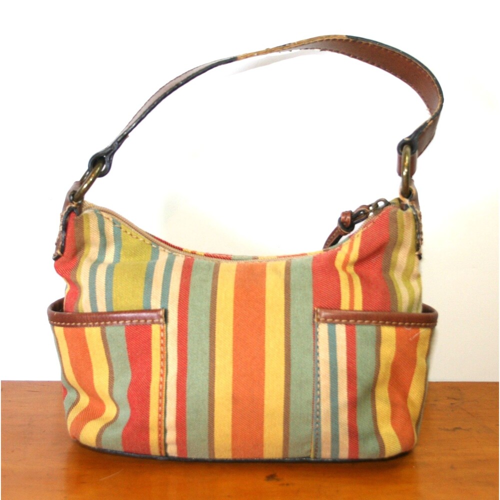 Fossil Purse Autumn Color Stripes Canvas Shoulder Bag Handbag Pre-Loved READ